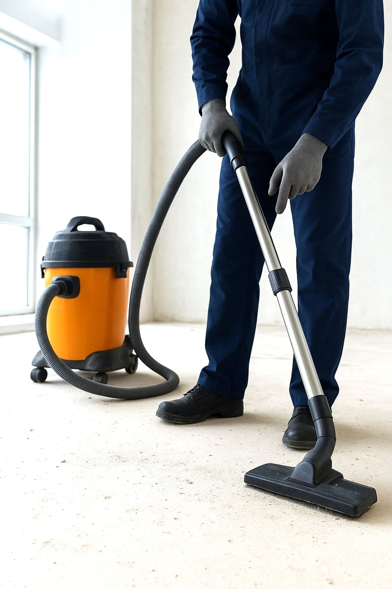 A person in blue workwear vacuuming a floor with an orange industrial vacuum cleaner.