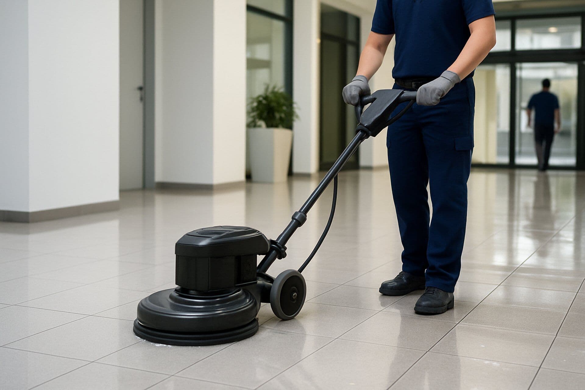 A cleaning technician polishing a shiny tiled floor with a floor polishing machine.
