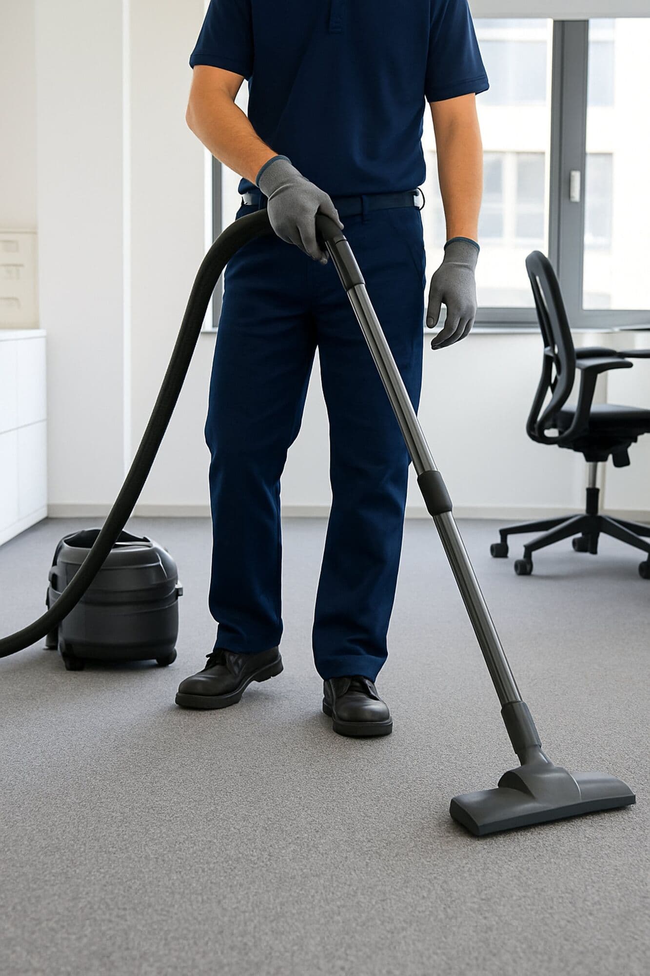Employee vacuuming the floor of an office.