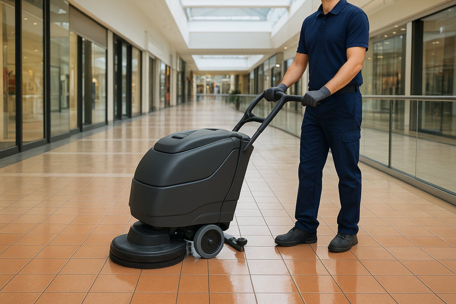 Employee cleaning the floor of a shopping centre with a scrubber dryer.