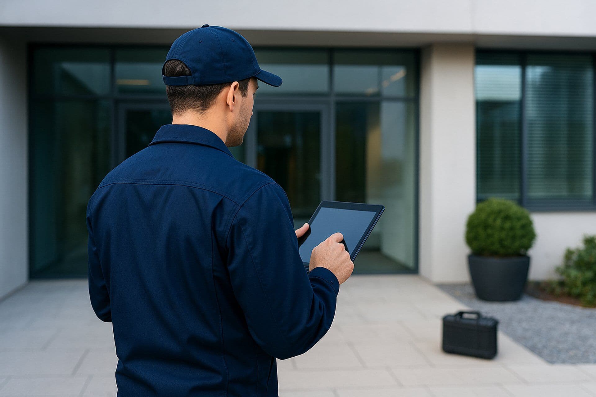 A man in a blue uniform and cap, seen from behind, tapping on a tablet.