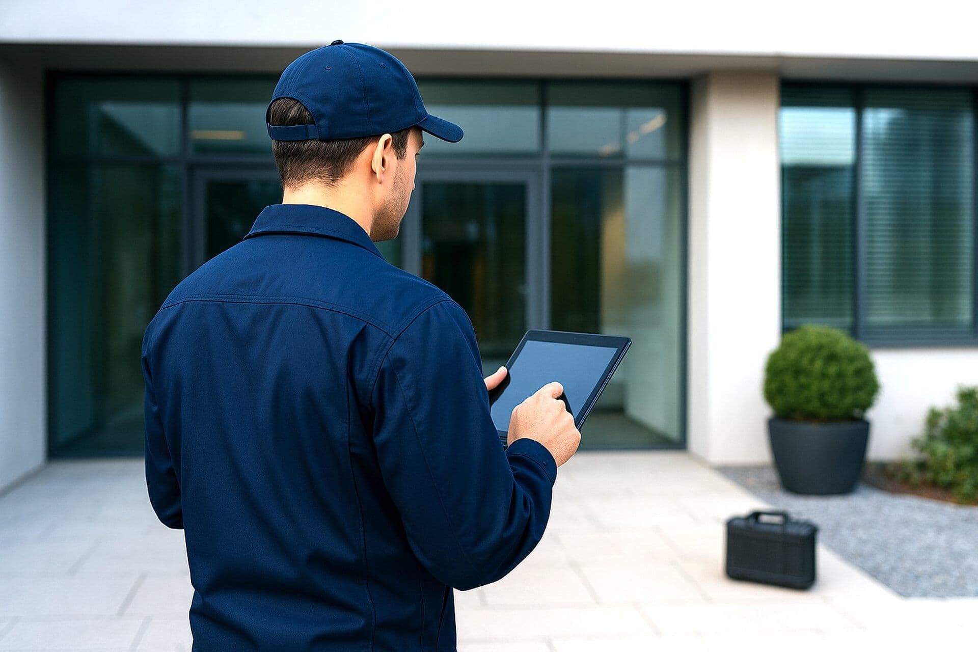 Employee wearing a blue cap using a tablet in front of a modern building.