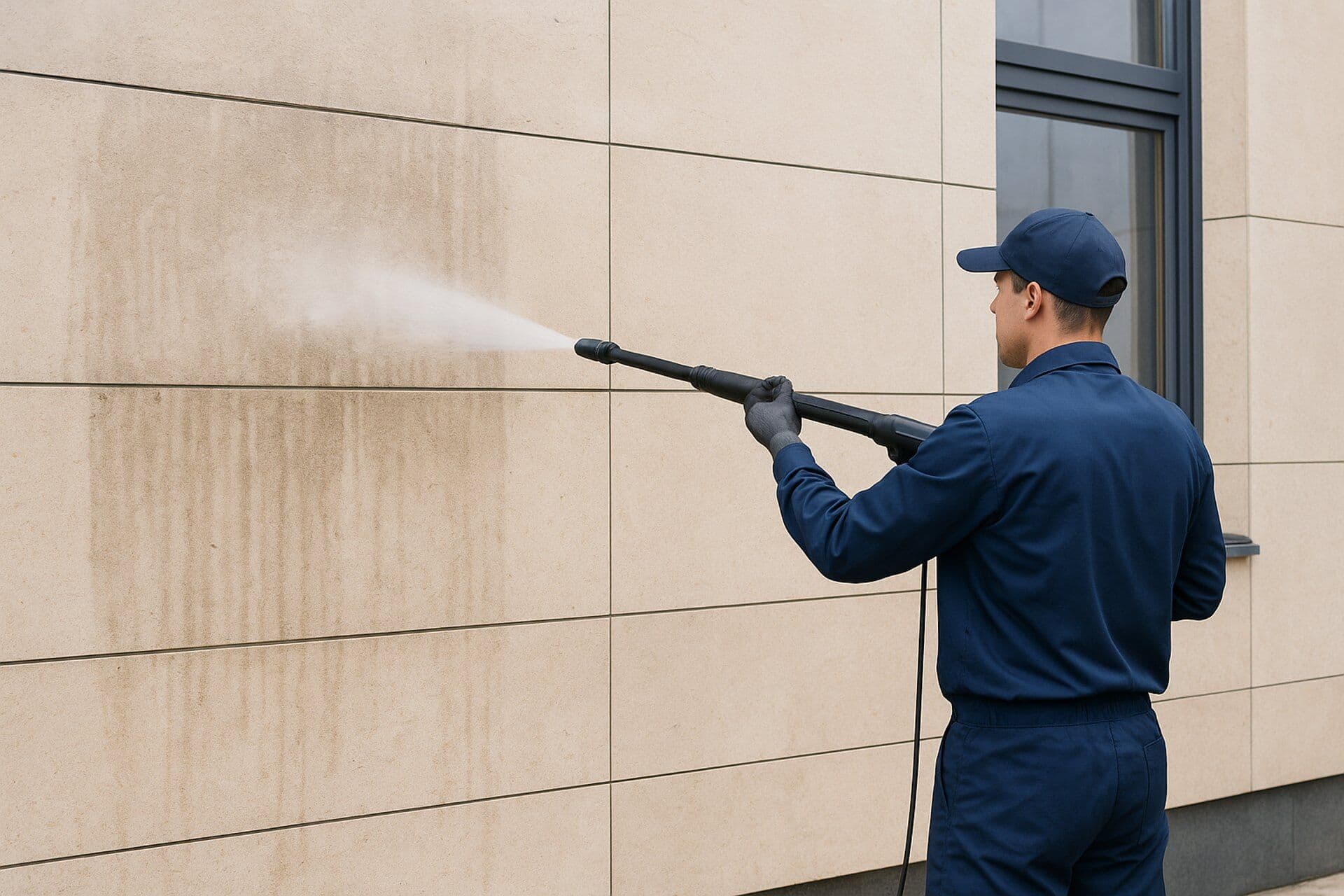 Man in workwear cleaning a facade with a pressure washer.