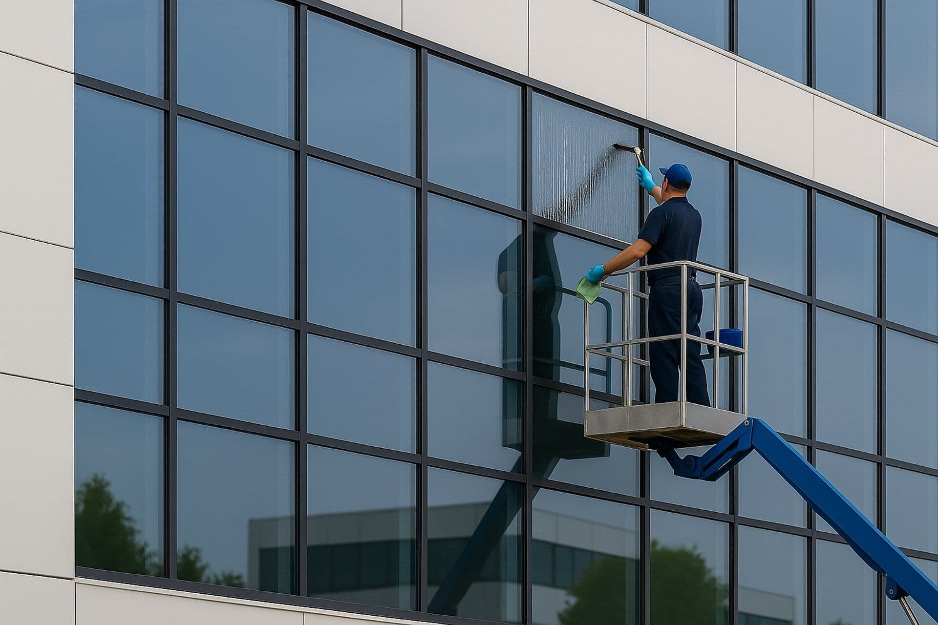 Window cleaner in blue workwear cleaning the glass facade of an office building from an aerial work platform.