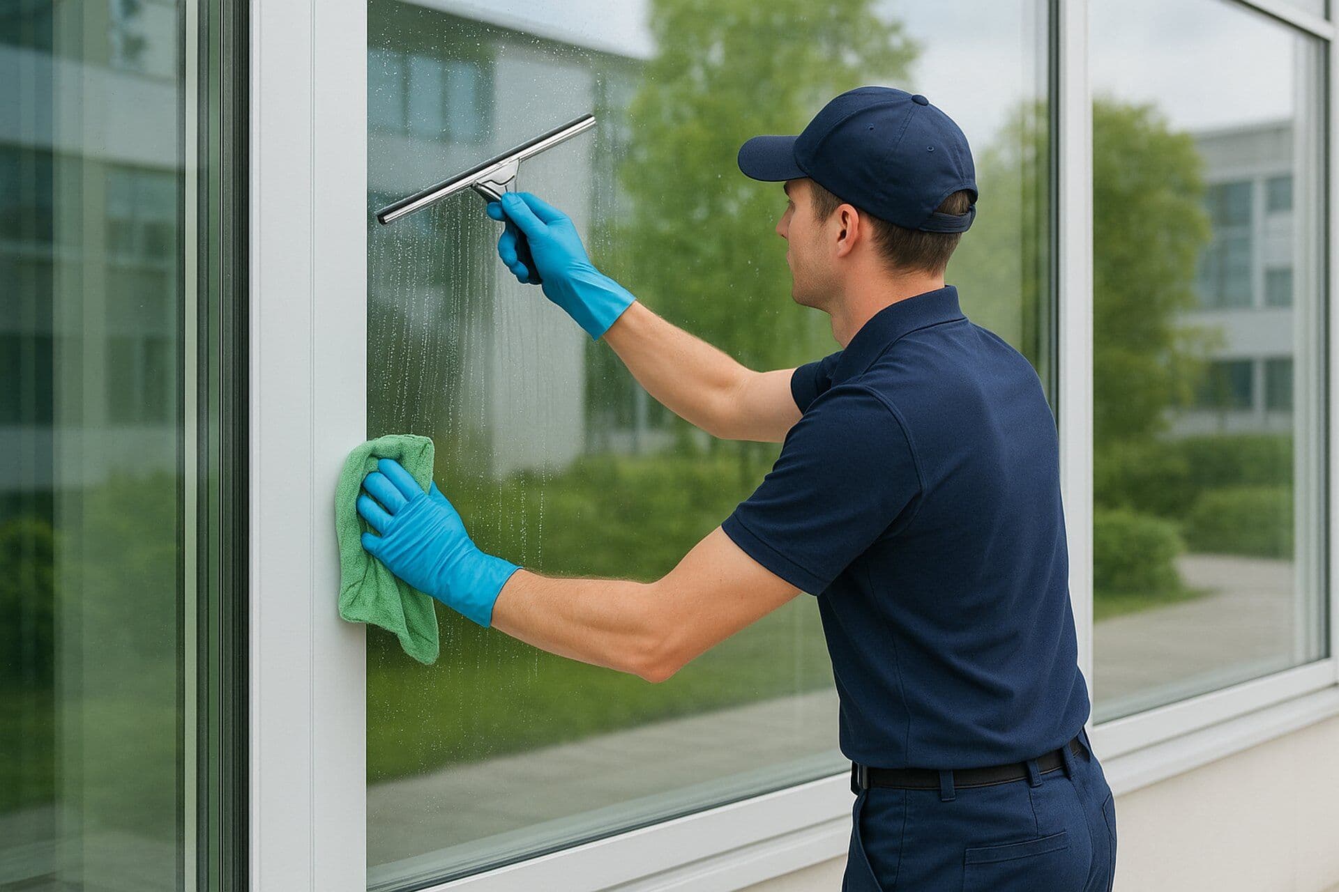 Man in a blue uniform and gloves cleaning a window with a squeegee and a green cloth.