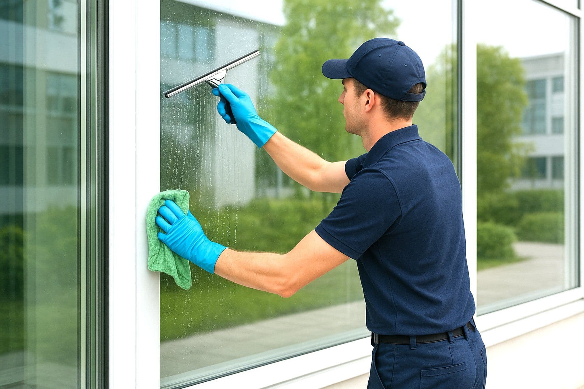Window cleaning with a squeegee and microfibre cloth