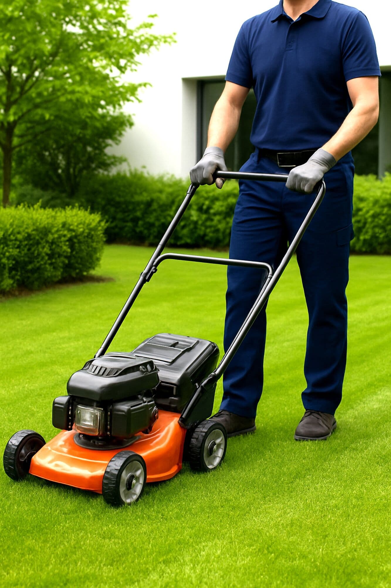 A man in navy clothing pushing an orange lawnmower across a green lawn.