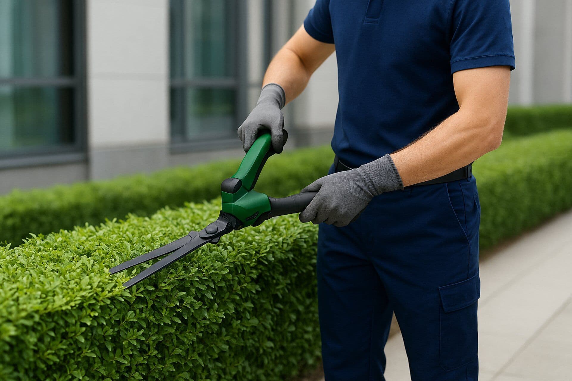 Employee trimming a hedge with a hedge trimmer.