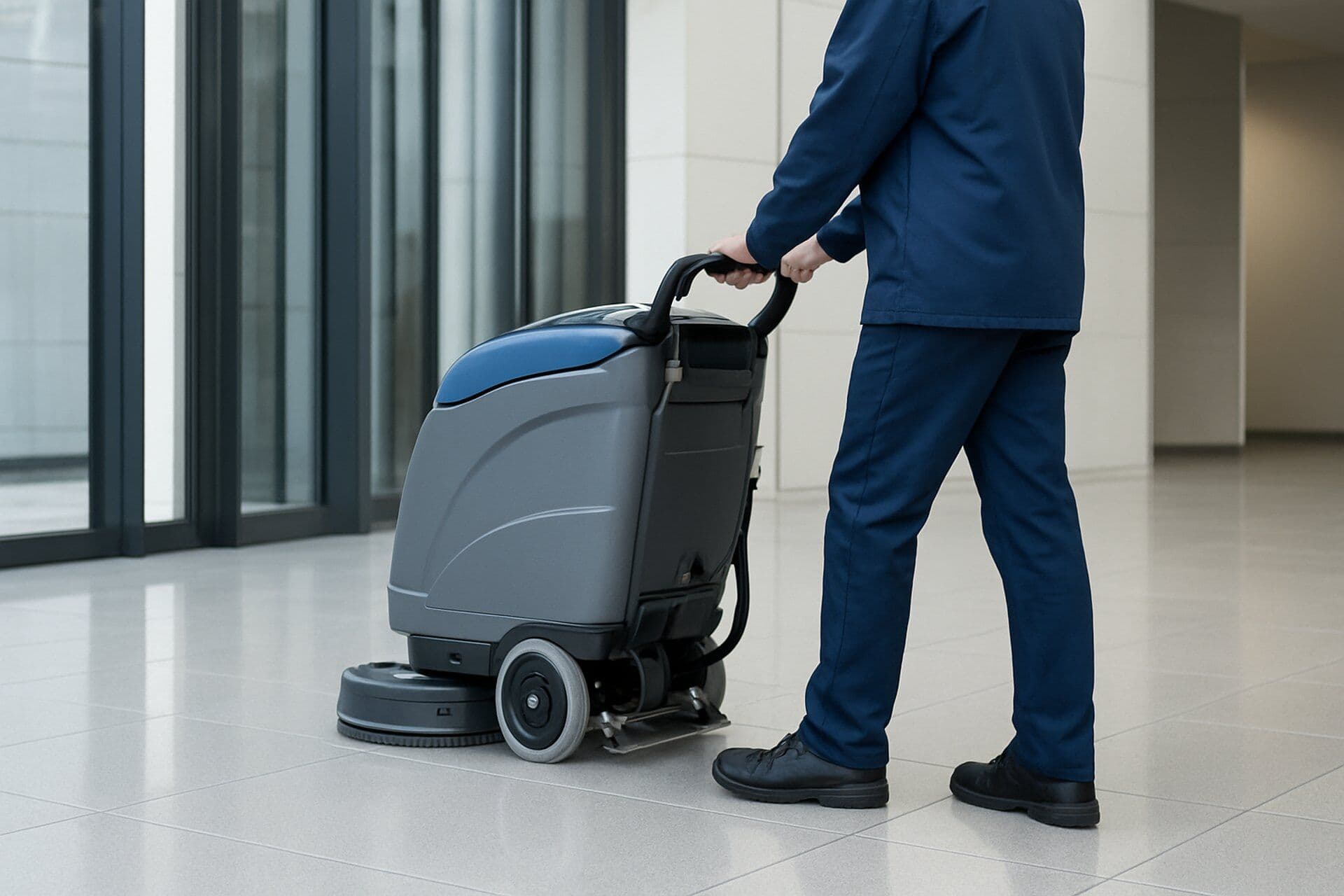 A cleaner in a blue suit pushing a grey floor cleaning machine along a corridor.