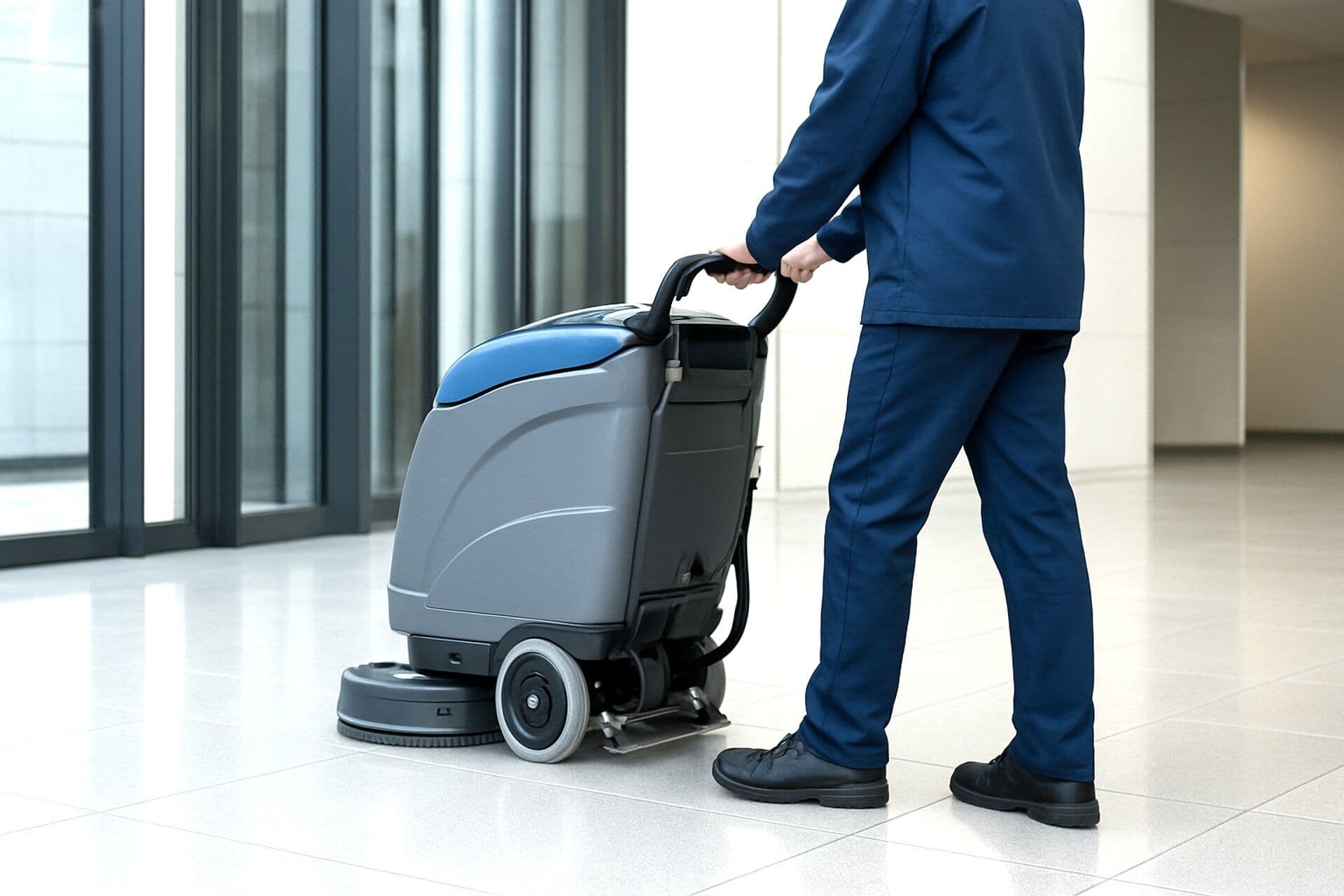 A person pushing a grey and blue scrubber dryer across a light tiled floor.