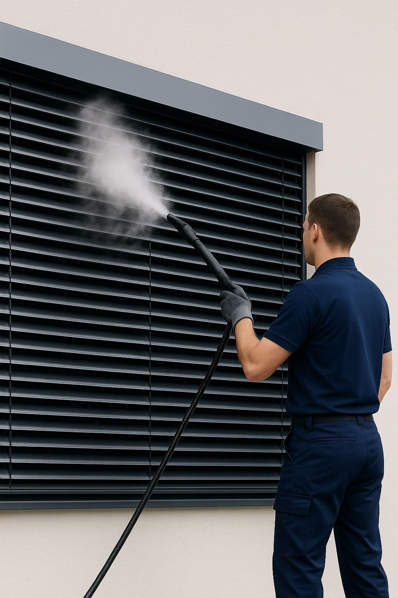 Man cleaning blinds on a building with a steam cleaner.
