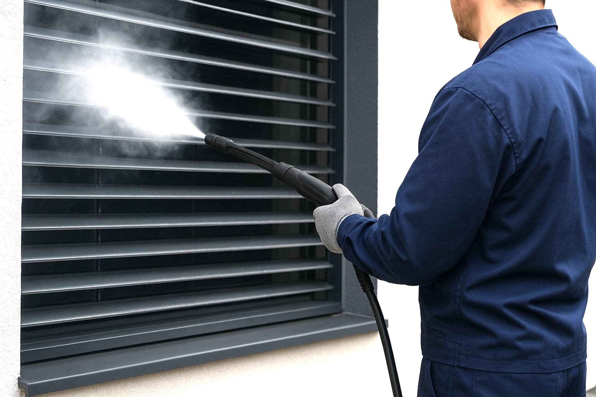 Man in workwear cleaning blinds with a steam cleaner.