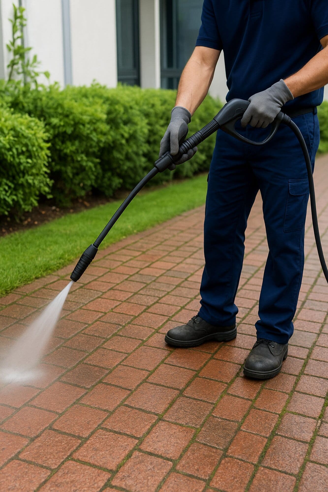 Paving stones being cleaned with a pressure washer.
