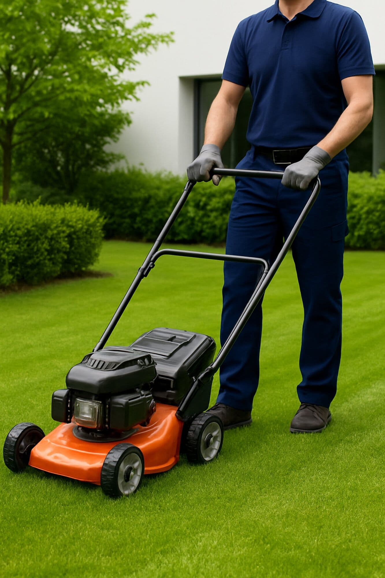 A man pushing an orange lawnmower across a green lawn.