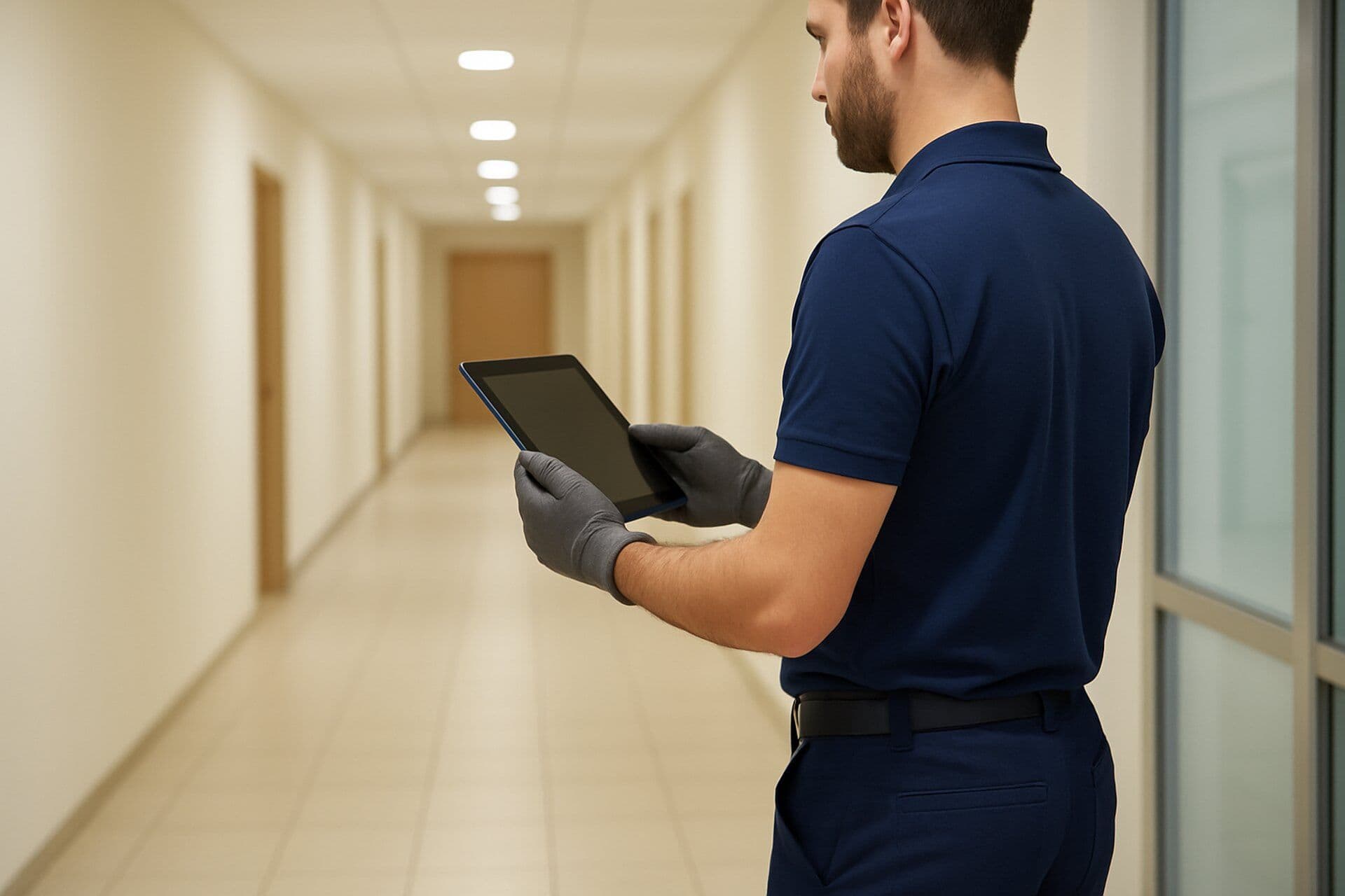 Employee checking building management tasks on a tablet in a corridor.