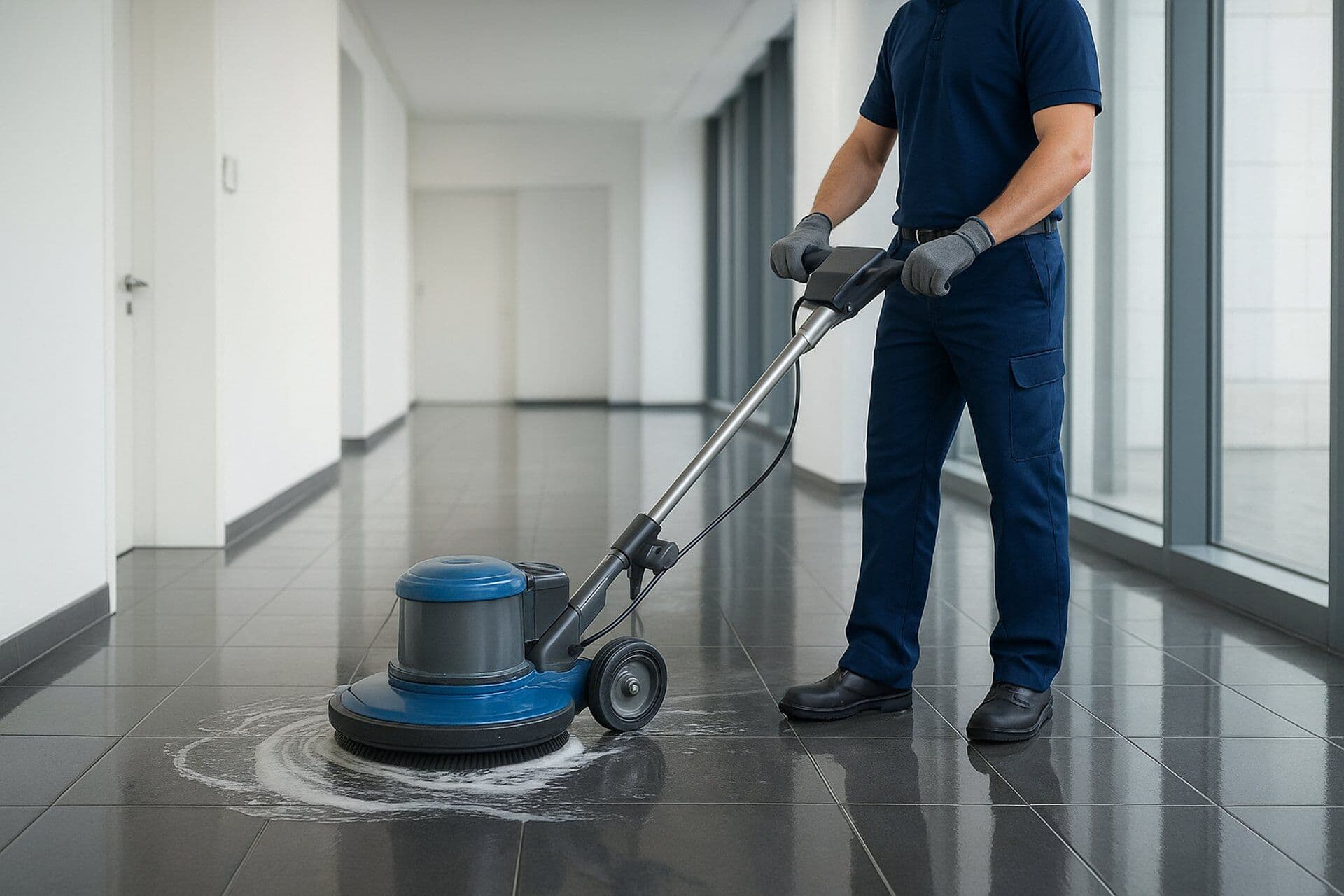 Employee cleaning a tiled floor with a single-disc machine.