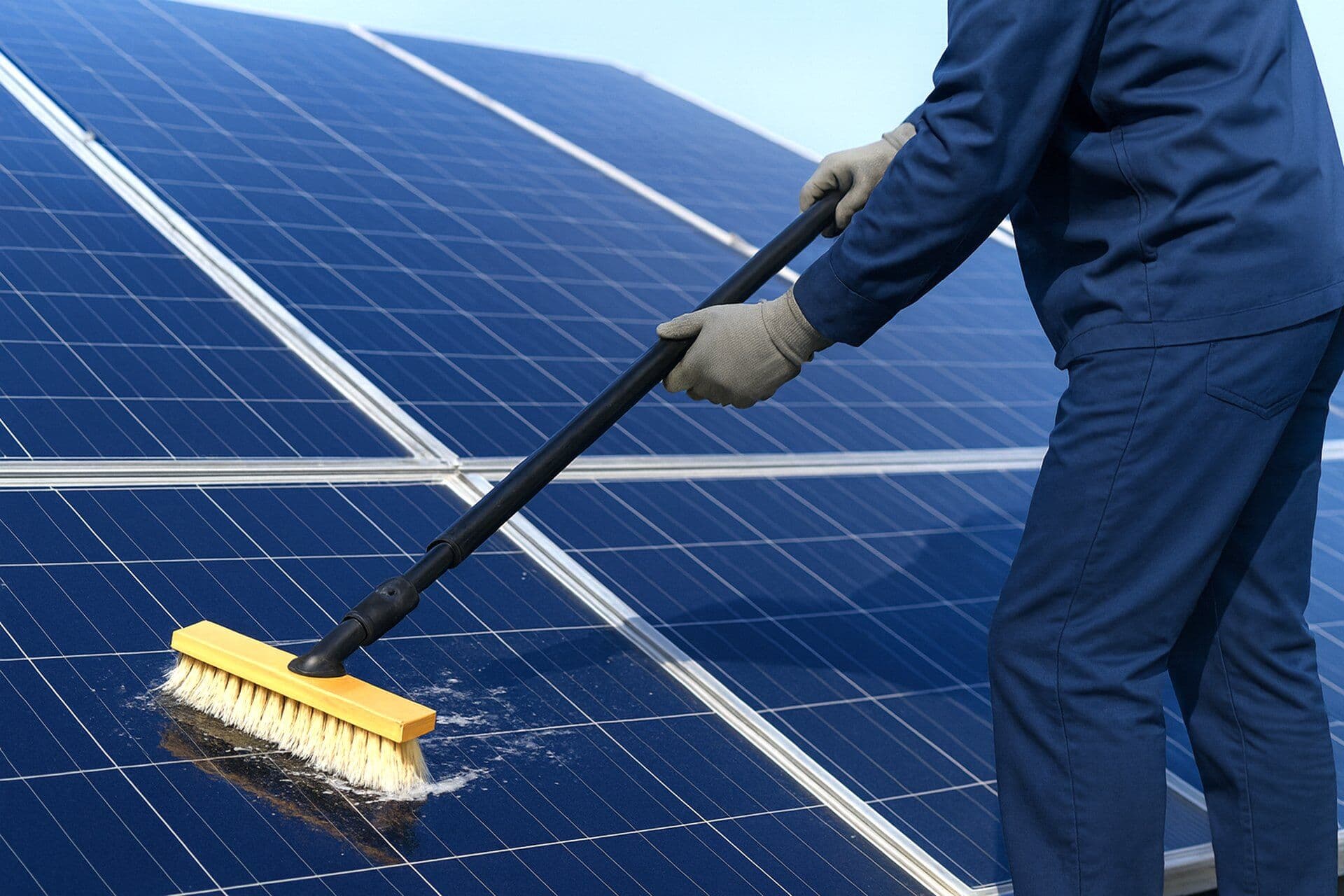 Person in blue workwear cleaning solar modules with a brush and water.