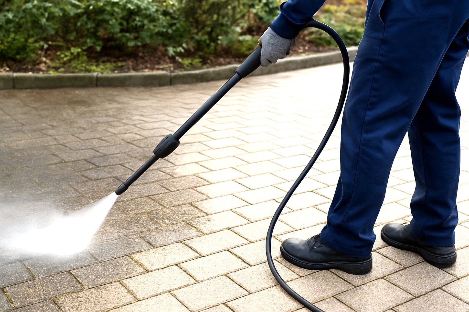 Person cleaning paving stones with a pressure washer.