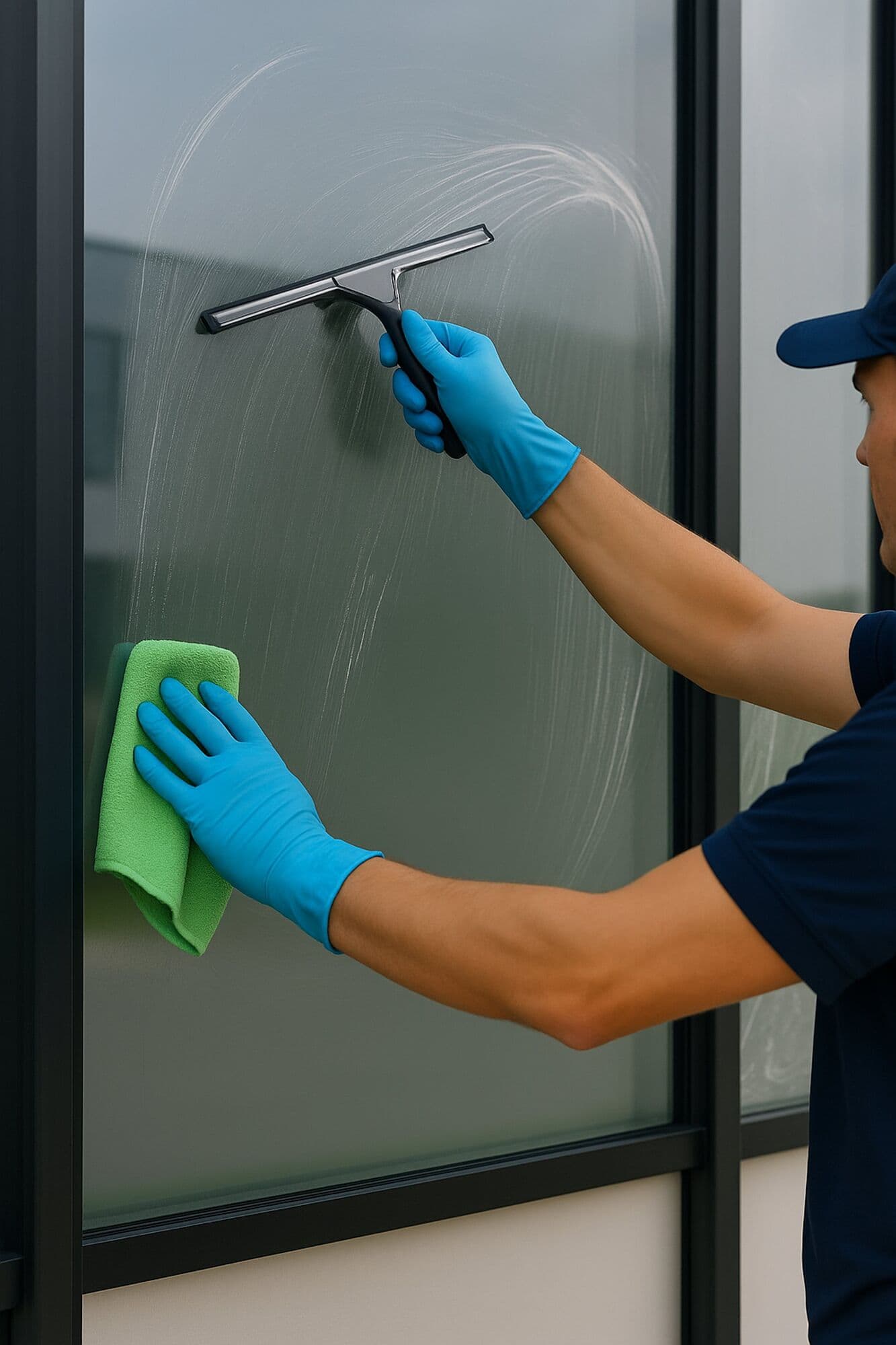 Mitarbeiter von SK-Gebäudedienste reinigt eine Glasscheibe mit Abzieher und Mikrofasertuch.