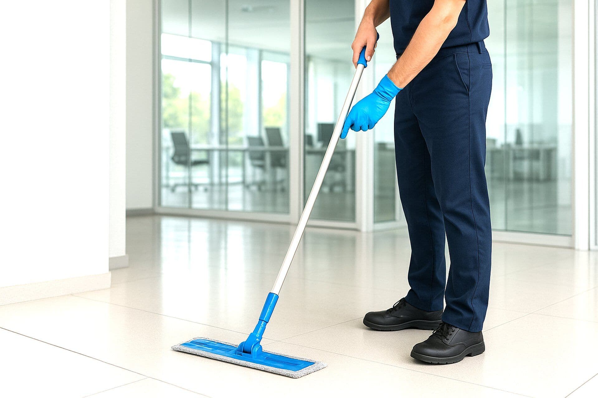 Person in a blue uniform and gloves mopping a tiled floor with a blue mop.