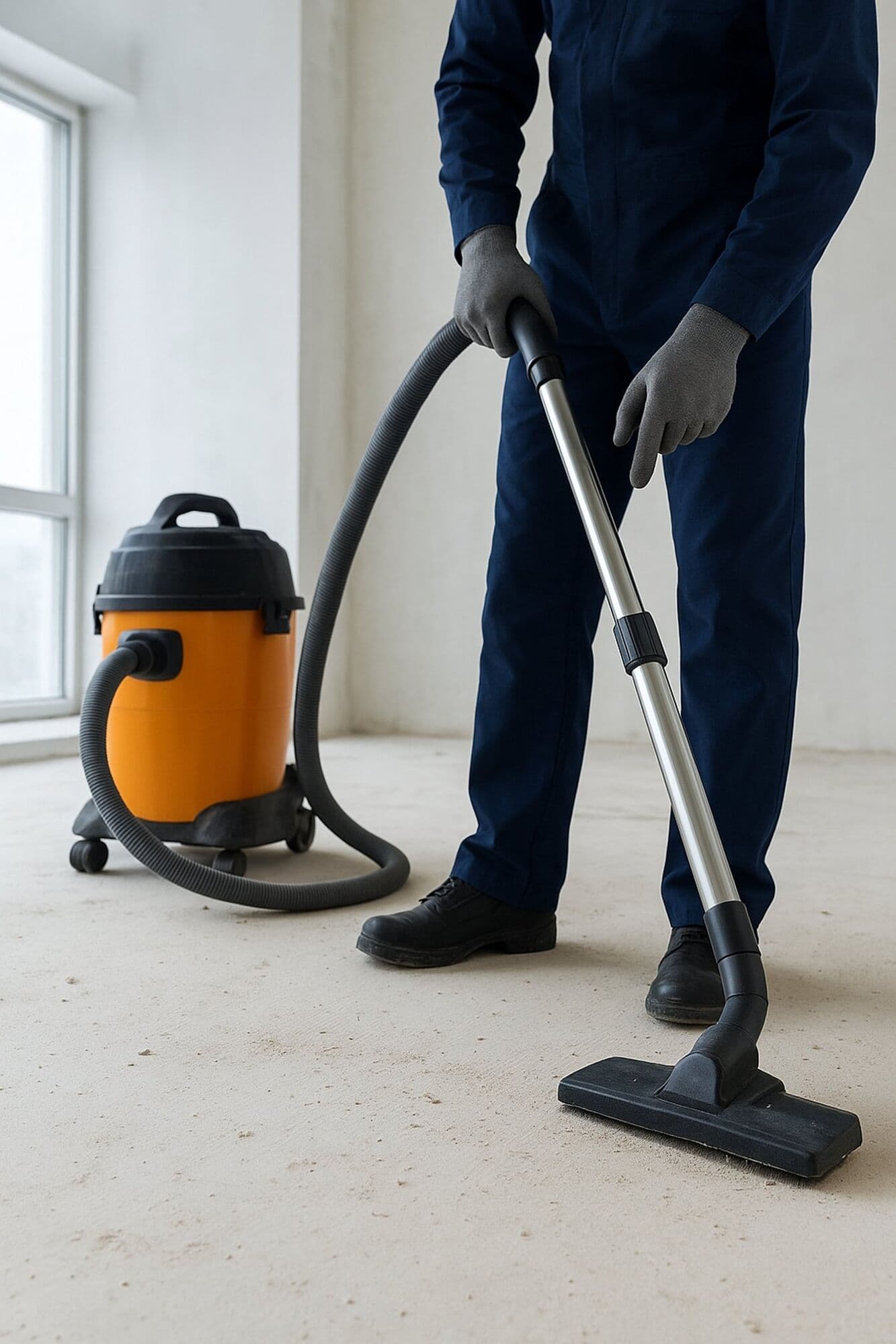 A person in workwear vacuuming a dusty floor with an orange wet and dry vacuum cleaner.