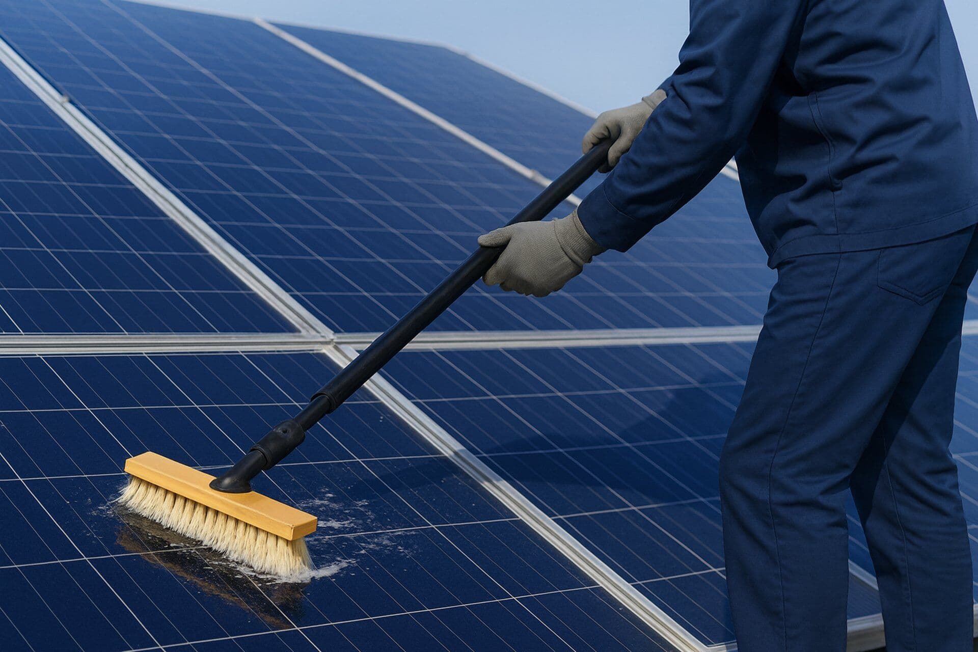A person cleaning solar modules with a long brush and soapy water.